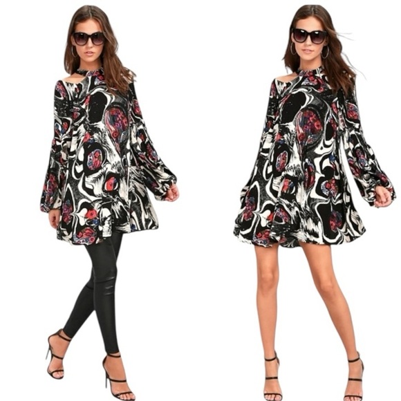 Free People Drift Away High Neck Balloon Sleeve Cold Shoulder Artsy Tunic Shirt - Picture 2 of 14